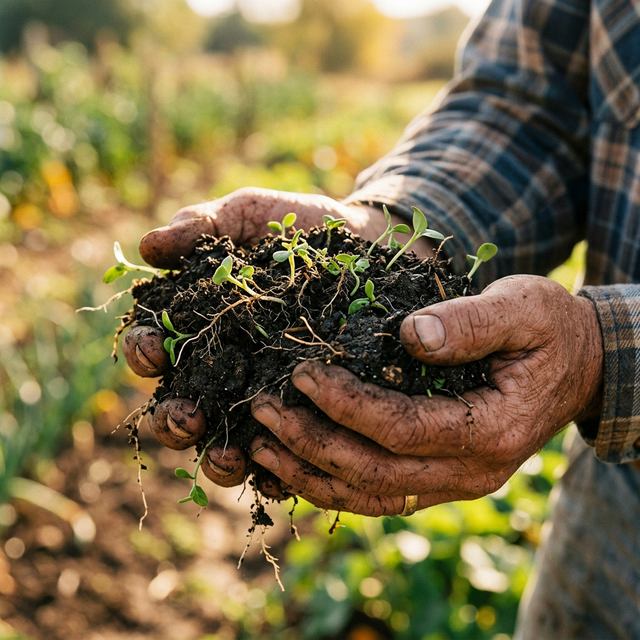 Farmer inspecting soil